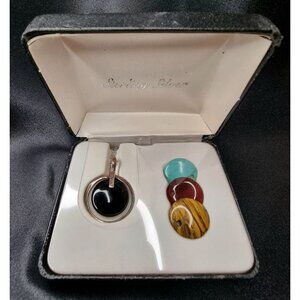 Vintage Sterling Silver 925 Interchangeable Pendant Necklace With Onyx Turquoise